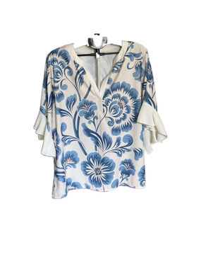 CHERYBETTY Blue Floral Blouse Womens 3X Ruffle Sleeve Split Neck Cottagecore Top
